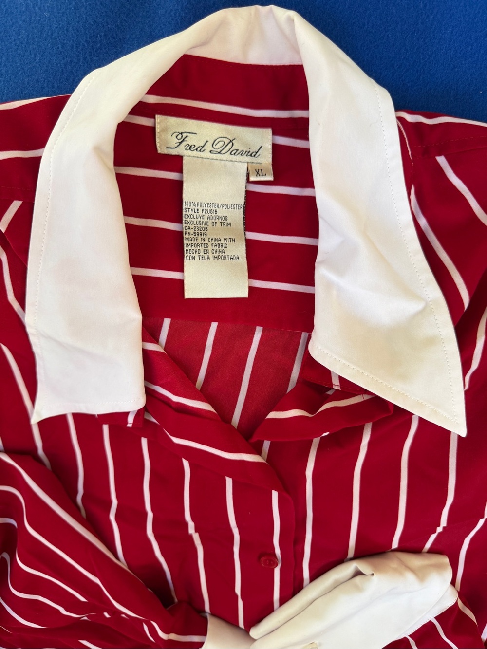 Fred David Red and White Striped Blouse with Contrast White Collar
